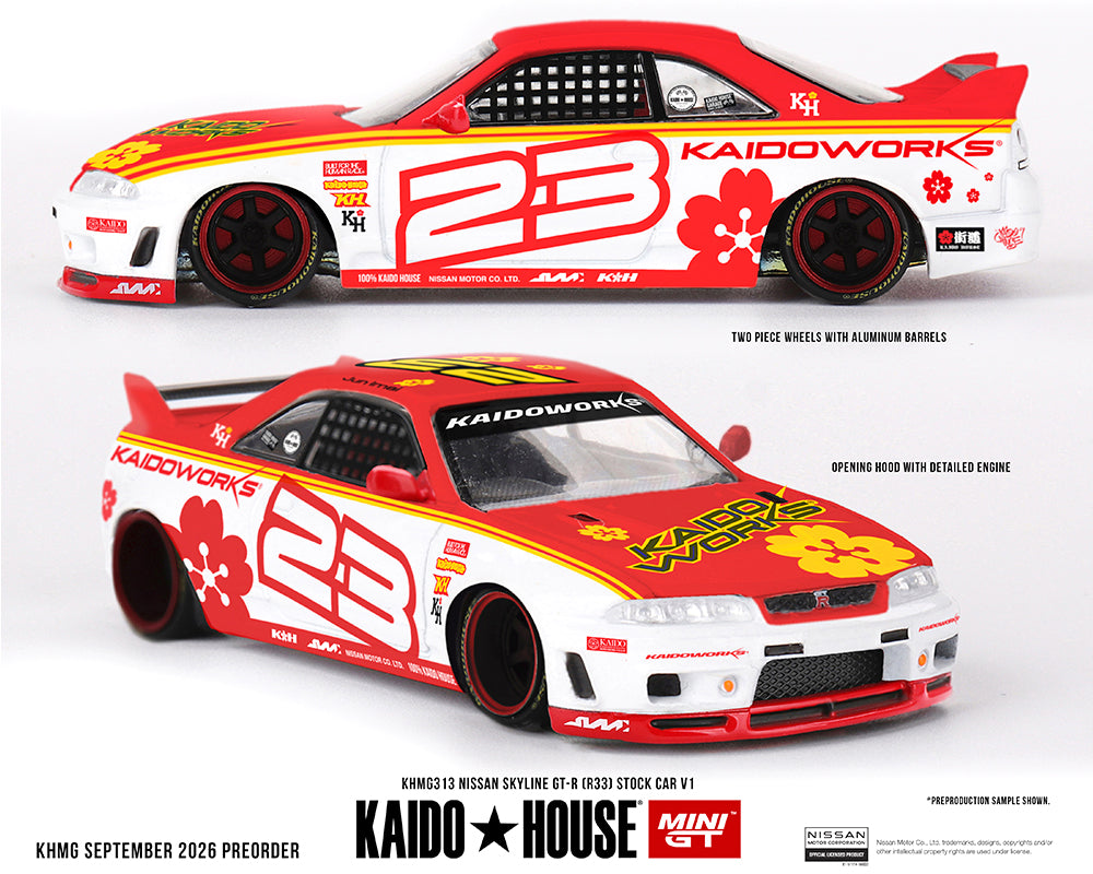 (Pre-Order) Kaido House x Mini GT 1:64 Nissan Skyline GT-R (R33) Kaido Stock Car V1 – White w/ Red Two-Tone KHMG313