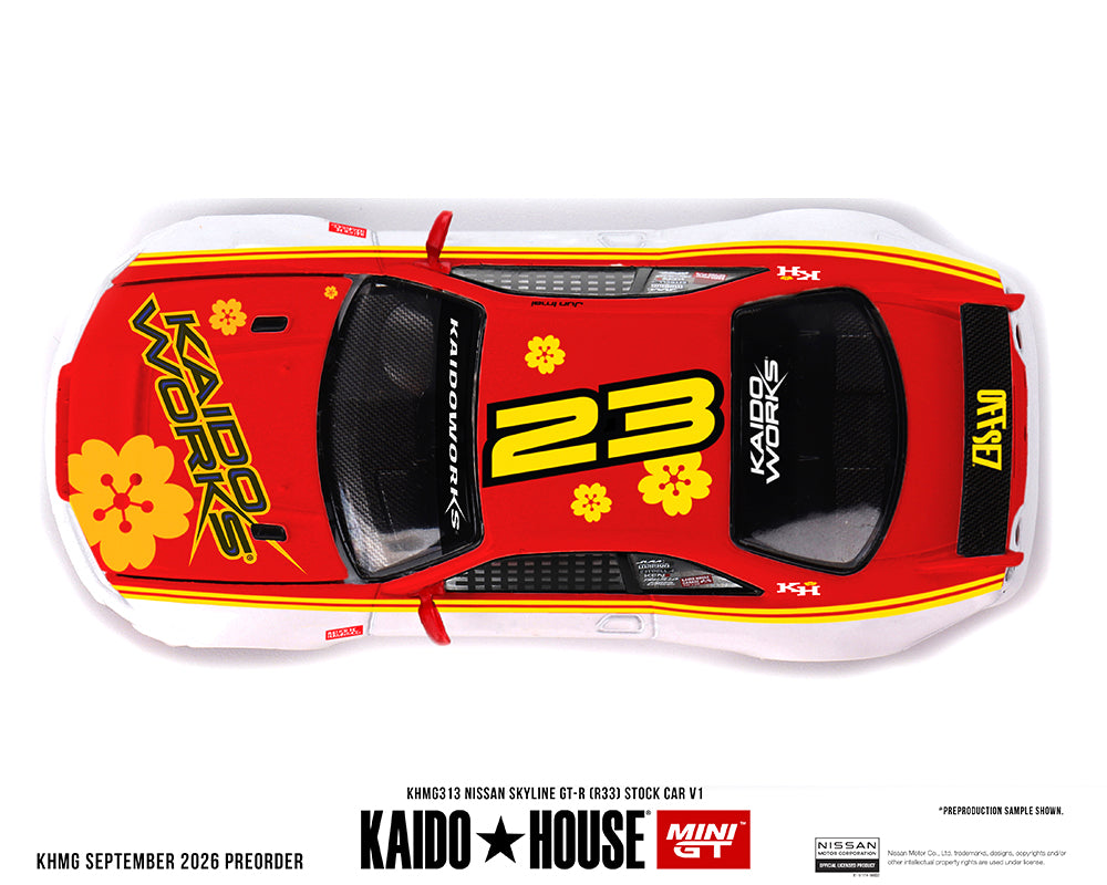 (Pre-Order) Kaido House x Mini GT 1:64 Nissan Skyline GT-R (R33) Kaido Stock Car V1 – White w/ Red Two-Tone KHMG313
