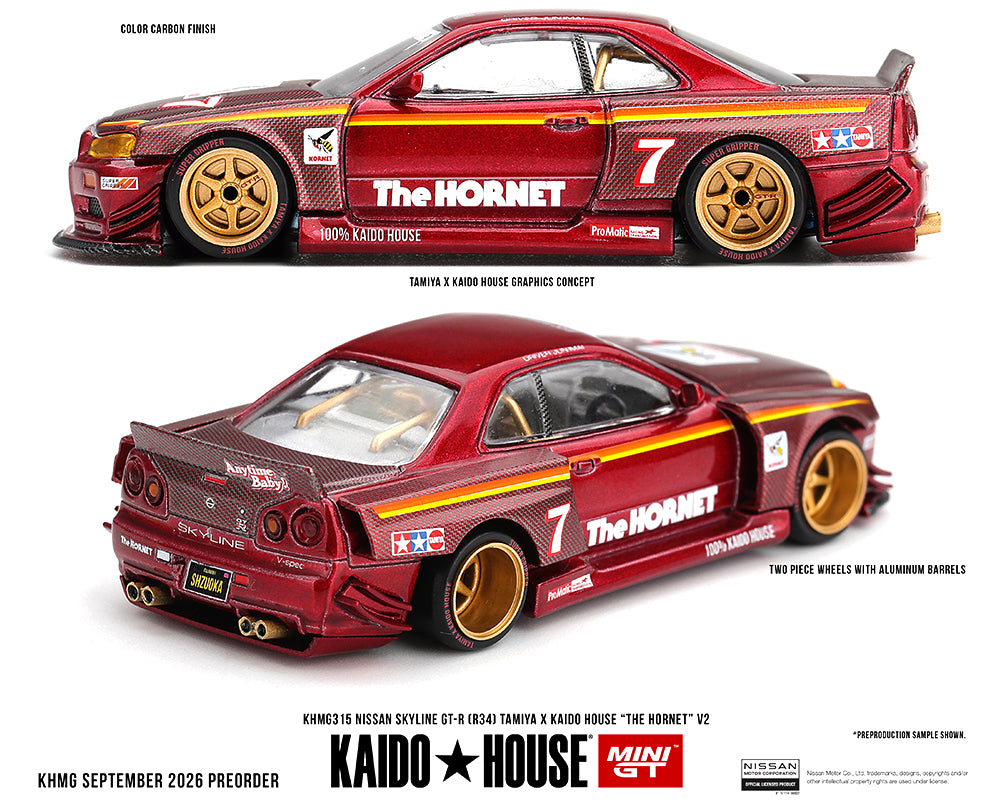(Pre-Order) Kaido House x Mini GT 1:64 Nissan Skyline GT-R (R34) Tamiya x Kaido House “The Hornet” V2 – M. Red Carbon KHMG315