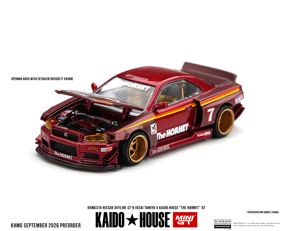 (Pre-Order) Kaido House x Mini GT 1:64 Nissan Skyline GT-R (R34) Tamiya x Kaido House “The Hornet” V2 – M. Red Carbon KHMG315