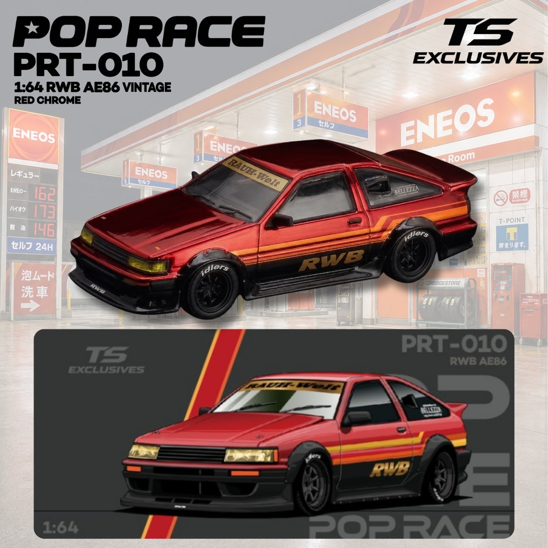 (Pre-Order) Pop Race x TS Exclusives 1:64 RWB AE86 Vintage – Red Chrome PRT010