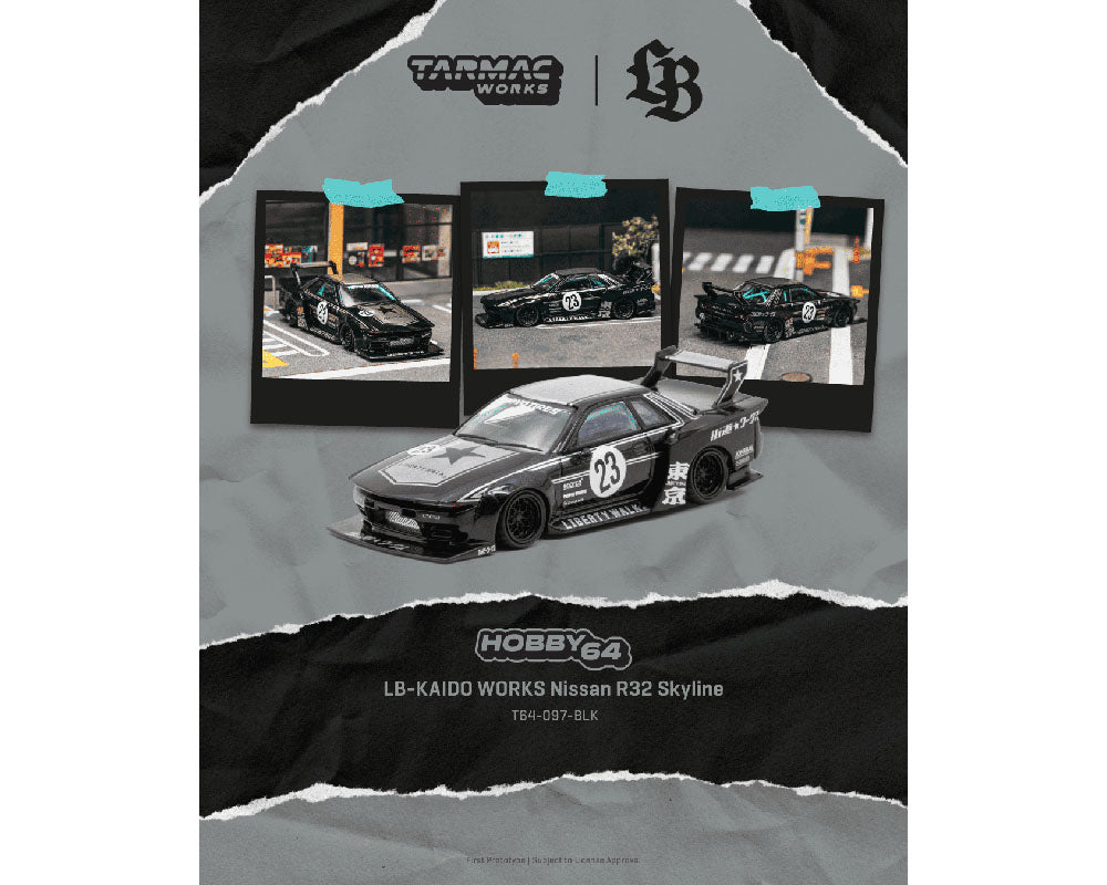 (Pre-Order) Tarmac Works 1:64 LB-KAIDO WORKS Nissan R32 Skyline – Black – Hobby64 T64-097-BLK